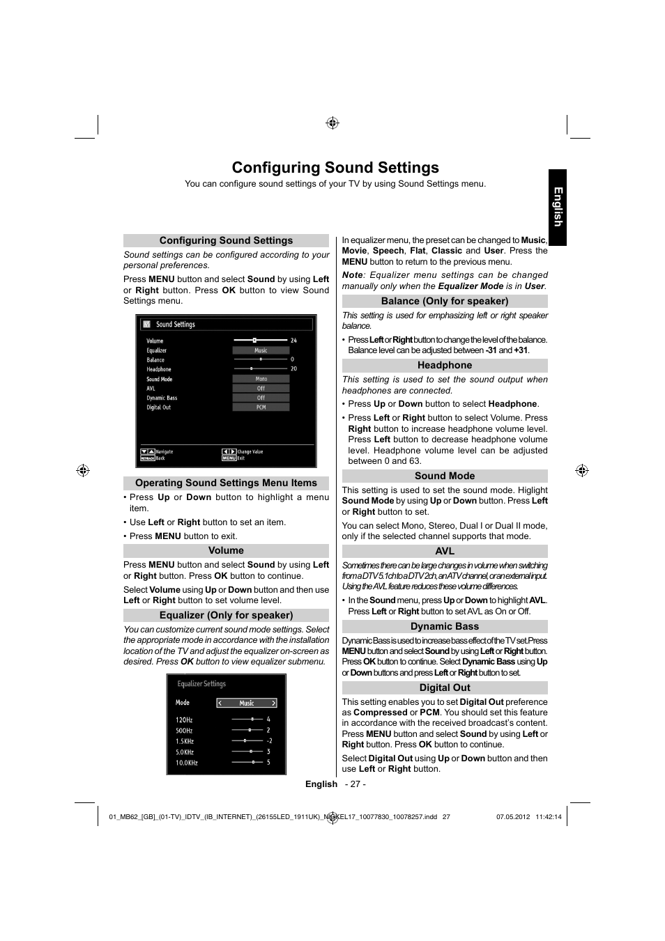 Confi guring sound settings, English | Toshiba KL934 User Manual | Page 28 / 56
