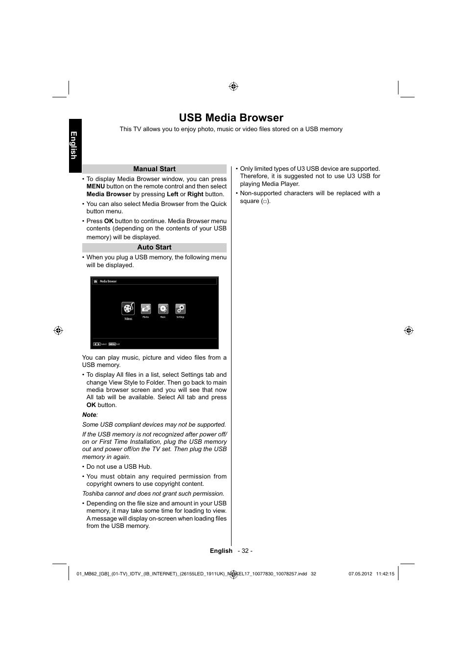 Usb media browser, English | Toshiba KL934 User Manual | Page 33 / 56
