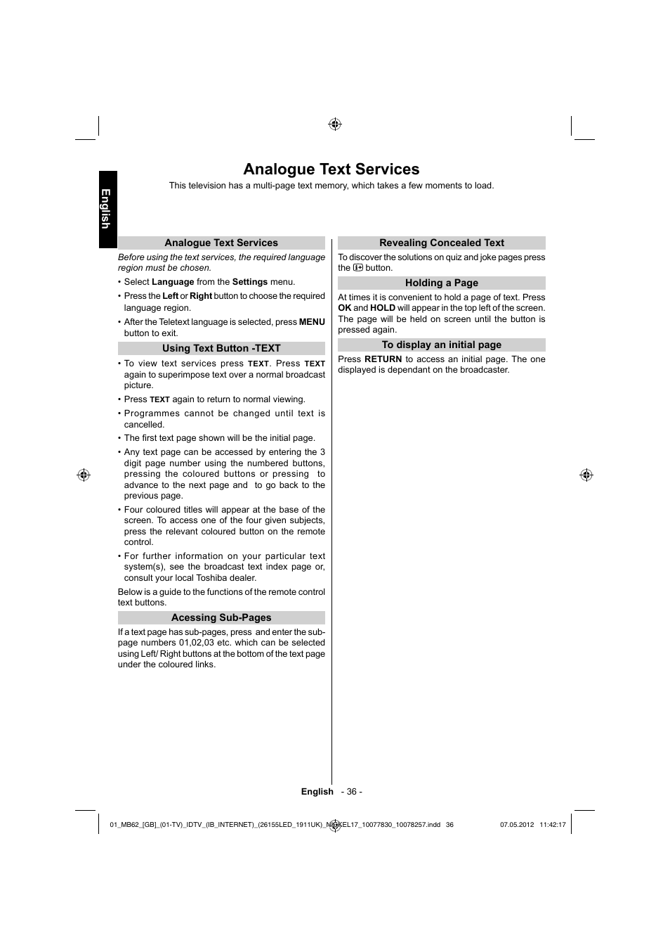 Analogue text services, English | Toshiba KL934 User Manual | Page 37 / 56