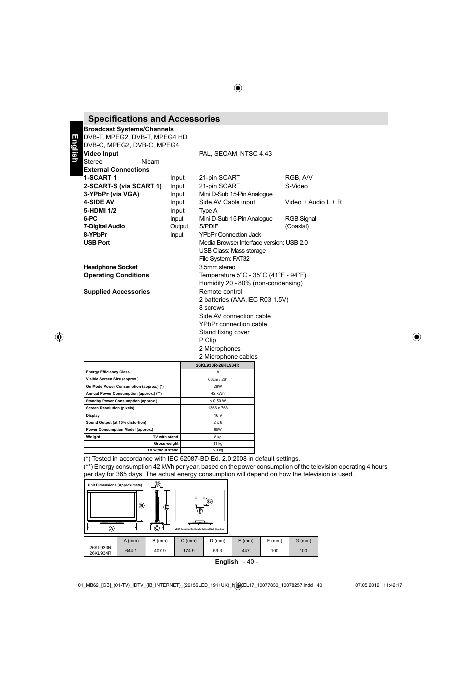 Specifi cations and accessories, English | Toshiba KL934 User Manual | Page 41 / 56