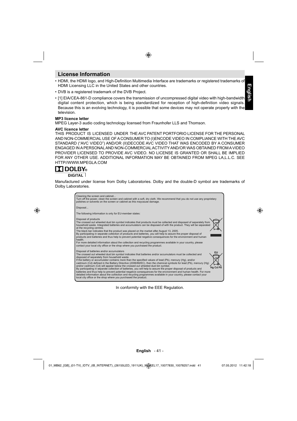 License information, English | Toshiba KL934 User Manual | Page 42 / 56