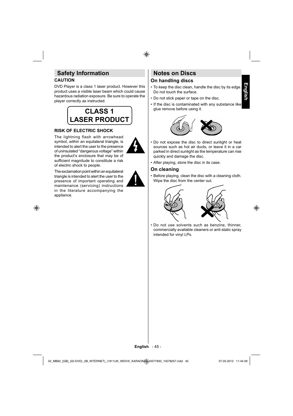 Class 1 laser product, Safety information | Toshiba KL934 User Manual | Page 46 / 56