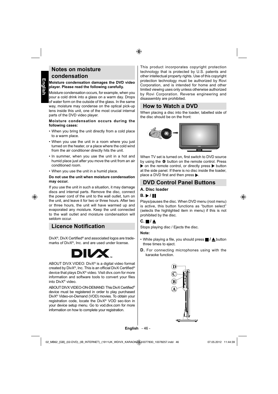 Licence notifi cation, How to watch a dvd, Dvd control panel buttons | English | Toshiba KL934 User Manual | Page 47 / 56
