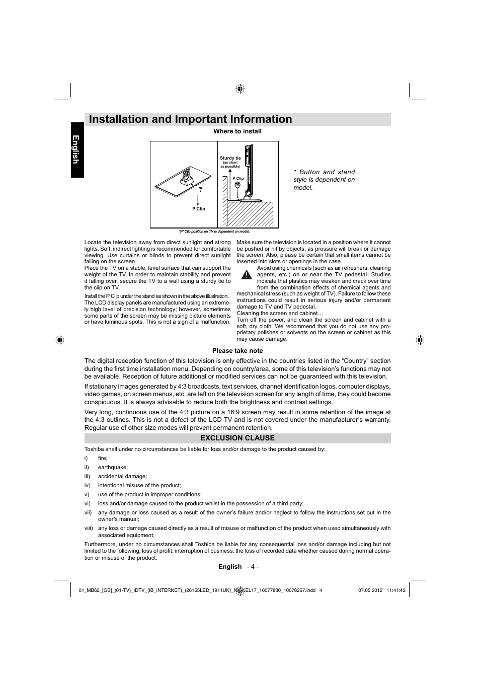 Installation and important information, English | Toshiba KL934 User Manual | Page 5 / 56