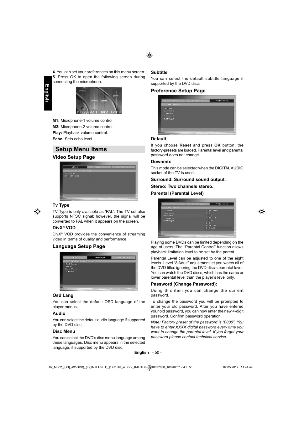 Setup menu items | Toshiba KL934 User Manual | Page 51 / 56