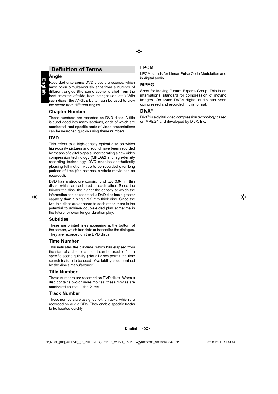 Defi nition of terms | Toshiba KL934 User Manual | Page 53 / 56