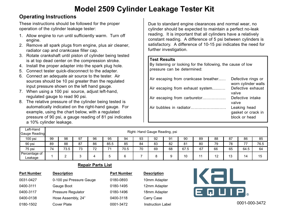 KAL EQUIP 2509 Cylinder User Manual | 1 page