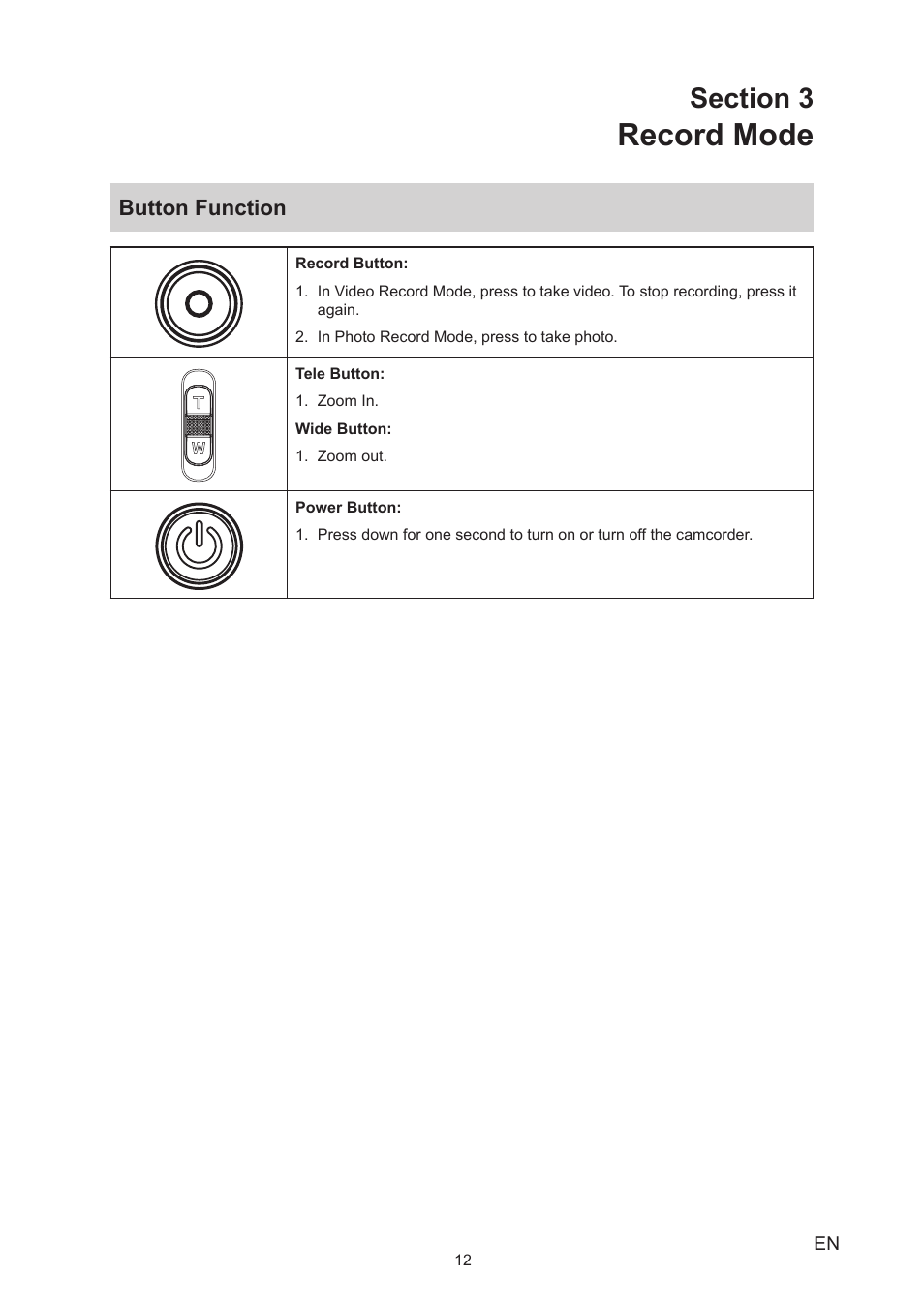 Section 3 record mode, Button function, Record mode | Toshiba Camileo S40 User Manual | Page 12 / 48