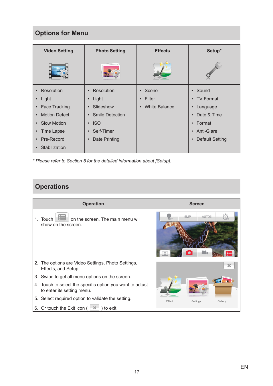 Options for menu, Operations, Options for menu operations | Toshiba Camileo S40 User Manual | Page 17 / 48