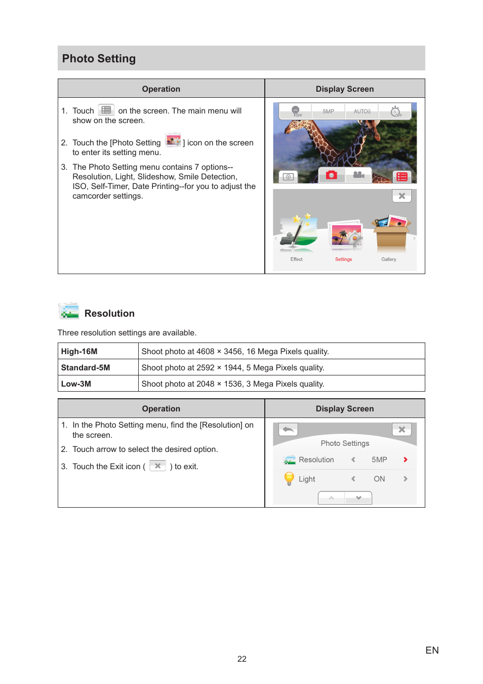 Photo setting | Toshiba Camileo S40 User Manual | Page 22 / 48