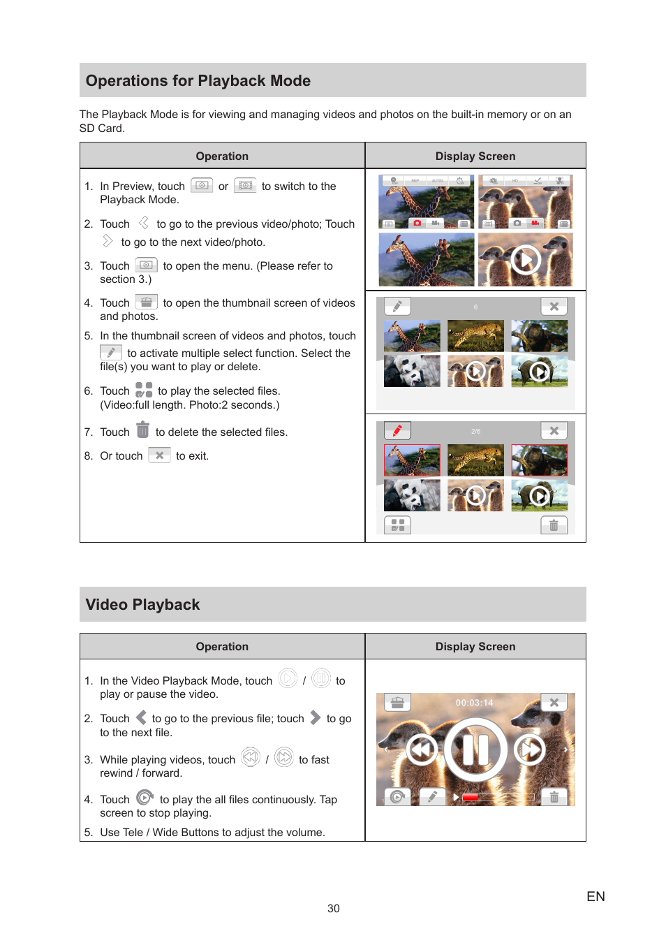 Operations for playback mode, Video playback, Operations for playback mode video playback | Toshiba Camileo S40 User Manual | Page 30 / 48