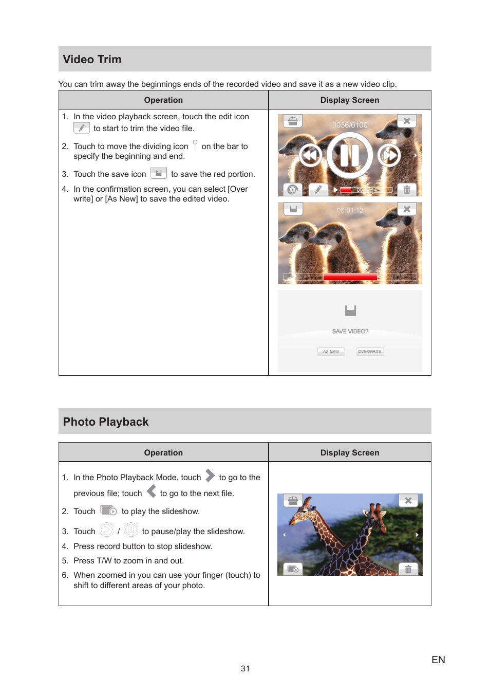Video trim, Photo playback, Video trim photo playback | Toshiba Camileo S40 User Manual | Page 31 / 48