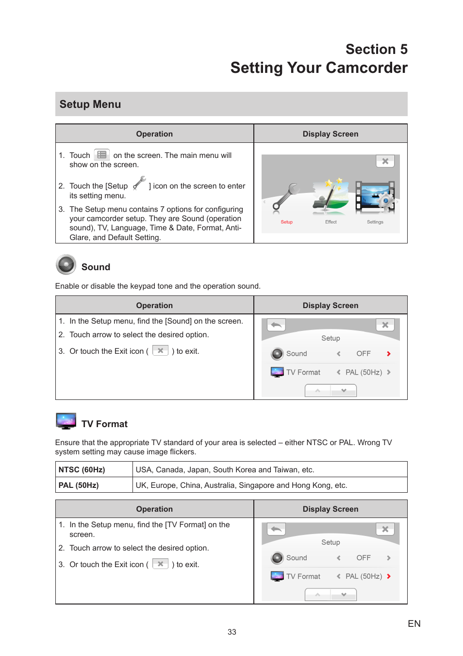 Section 5 setting your camcorder, Setup menu, Setting your camcorder | Toshiba Camileo S40 User Manual | Page 33 / 48