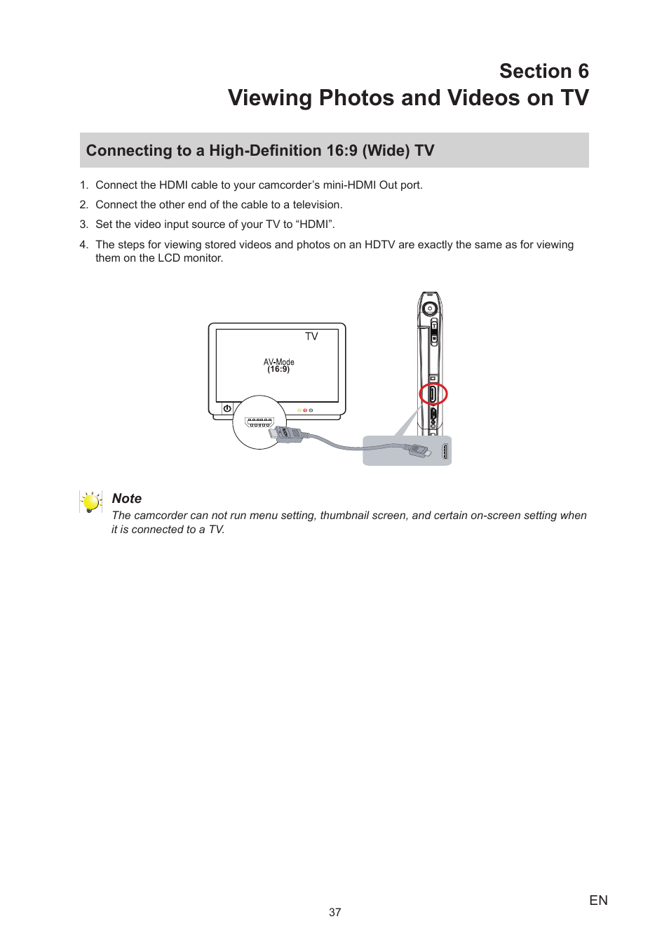 Section 6 viewing photos and videos on tv, Connecting to a high-definition 16:9 (wide) tv, Viewing photos and videos on tv | Toshiba Camileo S40 User Manual | Page 37 / 48