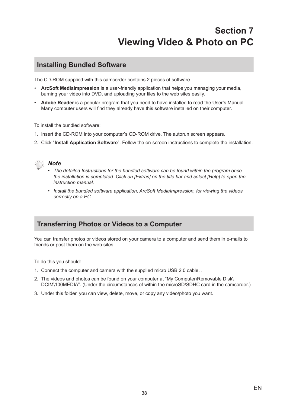 Section 7 viewing video & photo on pc, Installing bundled software, Transferring photos or videos to a computer | Viewing video & photo on pc | Toshiba Camileo S40 User Manual | Page 38 / 48