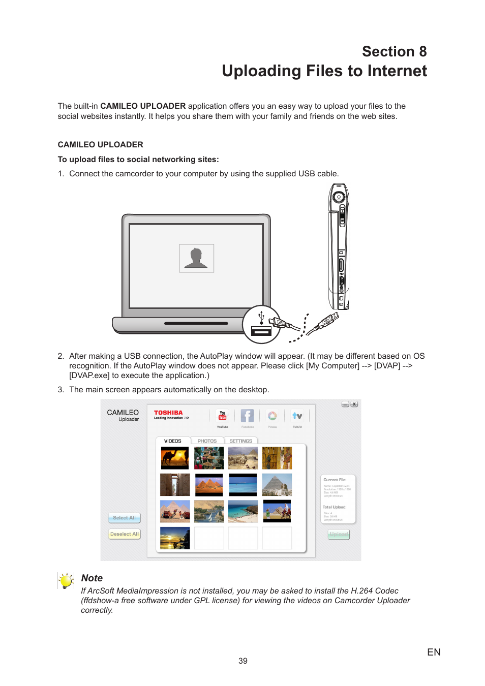 Section 8 uploading files to internet, Uploading files to internet | Toshiba Camileo S40 User Manual | Page 39 / 48