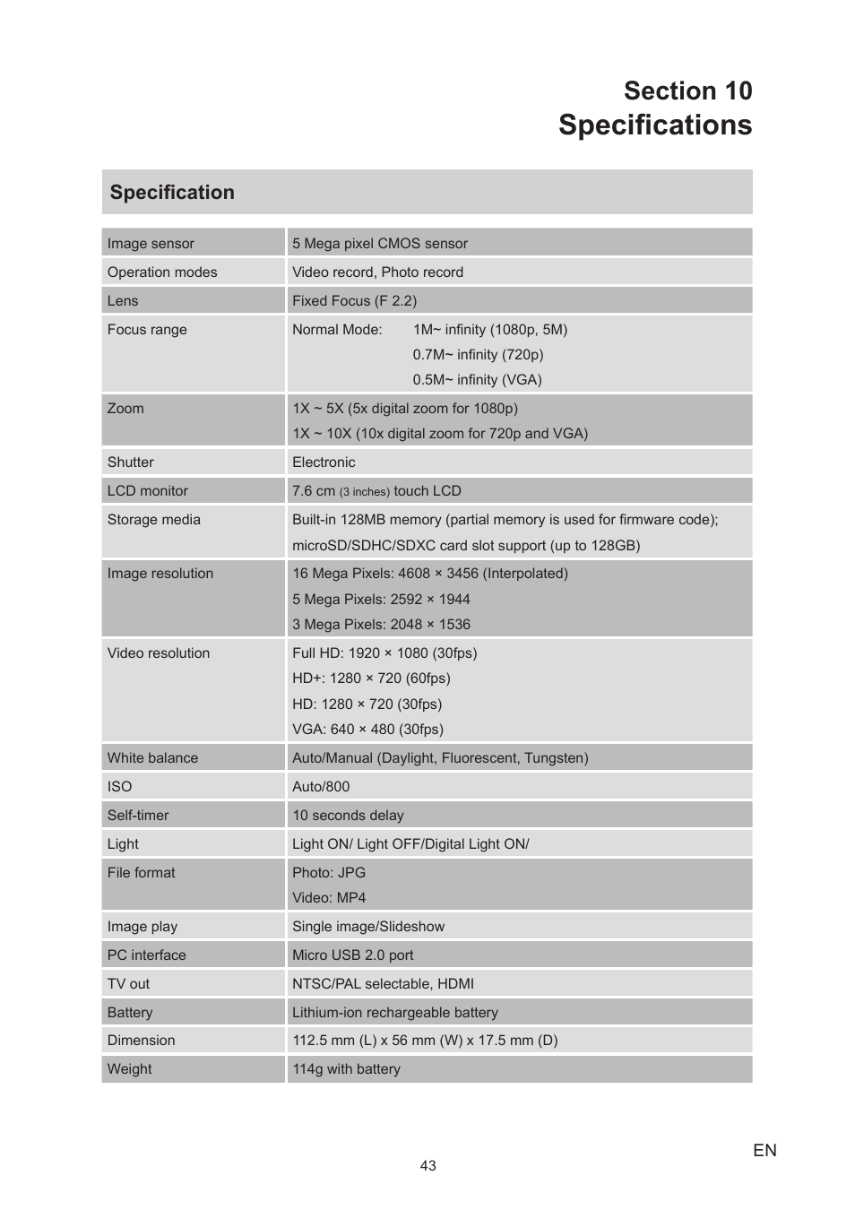 Section 10 specifications, Specifications, Specification | Toshiba Camileo S40 User Manual | Page 43 / 48