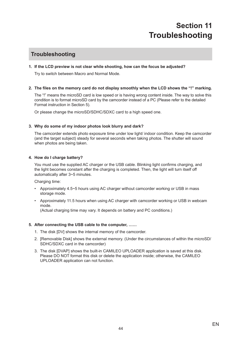 Section 11 troubleshooting, Troubleshooting | Toshiba Camileo S40 User Manual | Page 44 / 48