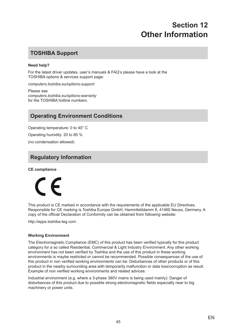 Section 12 other information, Toshiba support, Operating environment conditions | Regulatory information, Other information | Toshiba Camileo S40 User Manual | Page 45 / 48