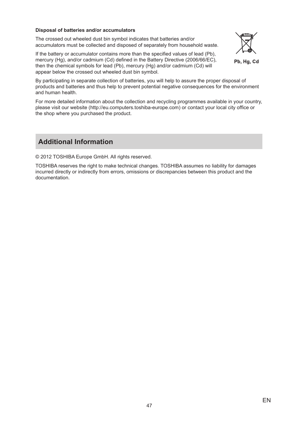 Additional information | Toshiba Camileo S40 User Manual | Page 47 / 48