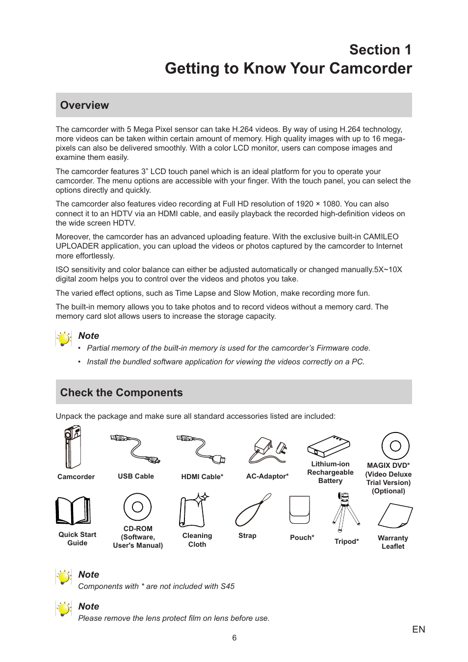 Section 1 getting to know your camcorder, Overview, Check the components | Overview check the components, Getting to know your camcorder | Toshiba Camileo S40 User Manual | Page 6 / 48