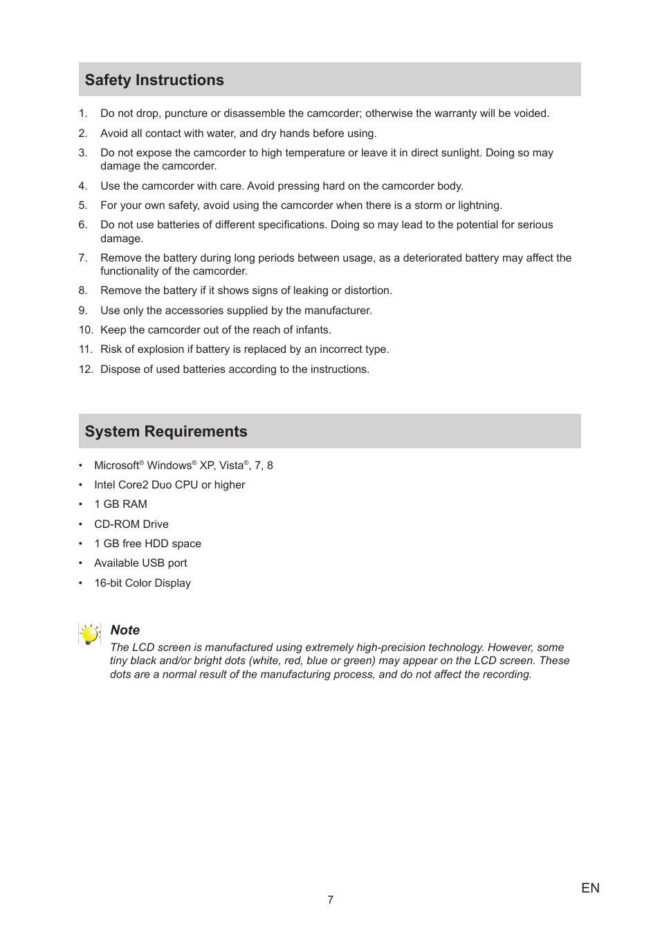 Safety instructions, System requirements, Safety instructions system requirements | Toshiba Camileo S40 User Manual | Page 7 / 48