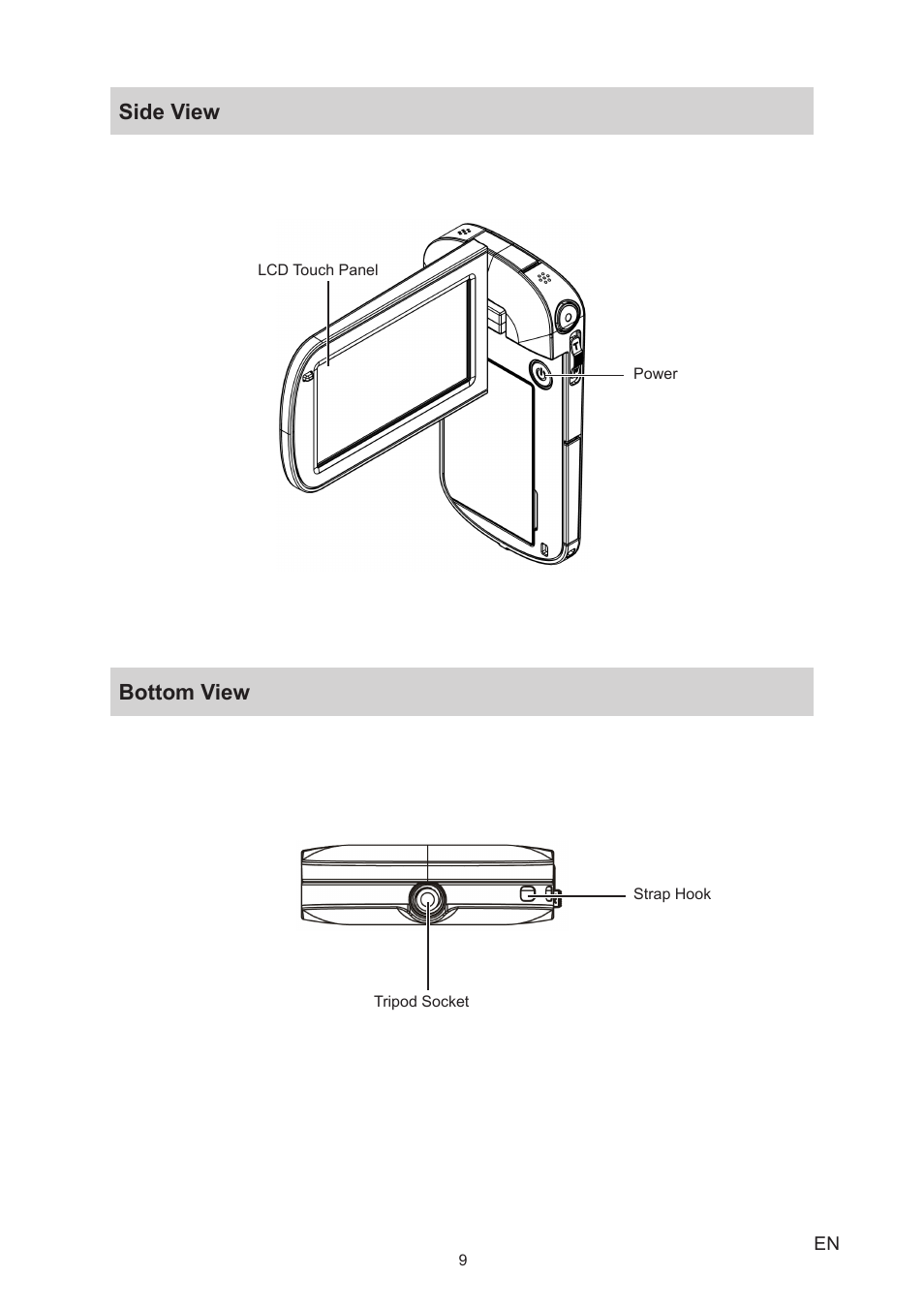 Side view, Bottom view, Side view bottom view | Toshiba Camileo S40 User Manual | Page 9 / 48