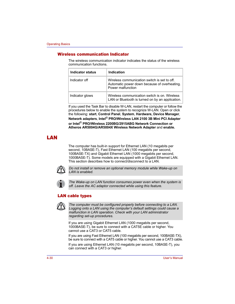 Wireless communication indicator, Lan cable types, Wireless communication indicator -30 | Lan -30, Lan cable types -30 | Toshiba Tecra M3 User Manual | Page 100 / 236