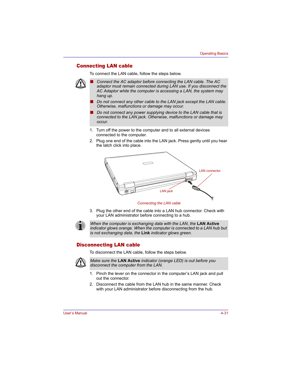 Connecting lan cable, Disconnecting lan cable | Toshiba Tecra M3 User Manual | Page 101 / 236