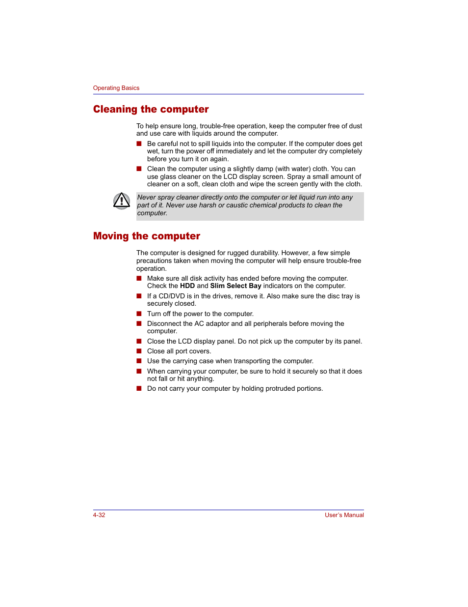 Cleaning the computer, Moving the computer, Cleaning the computer -32 moving the computer -32 | Toshiba Tecra M3 User Manual | Page 102 / 236