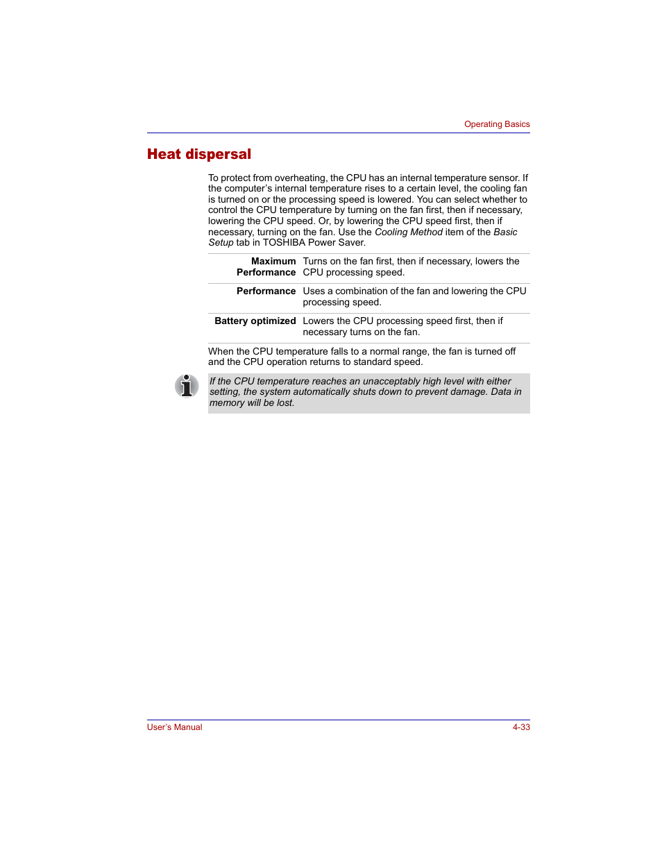 Heat dispersal, Heat dispersal -33 | Toshiba Tecra M3 User Manual | Page 103 / 236