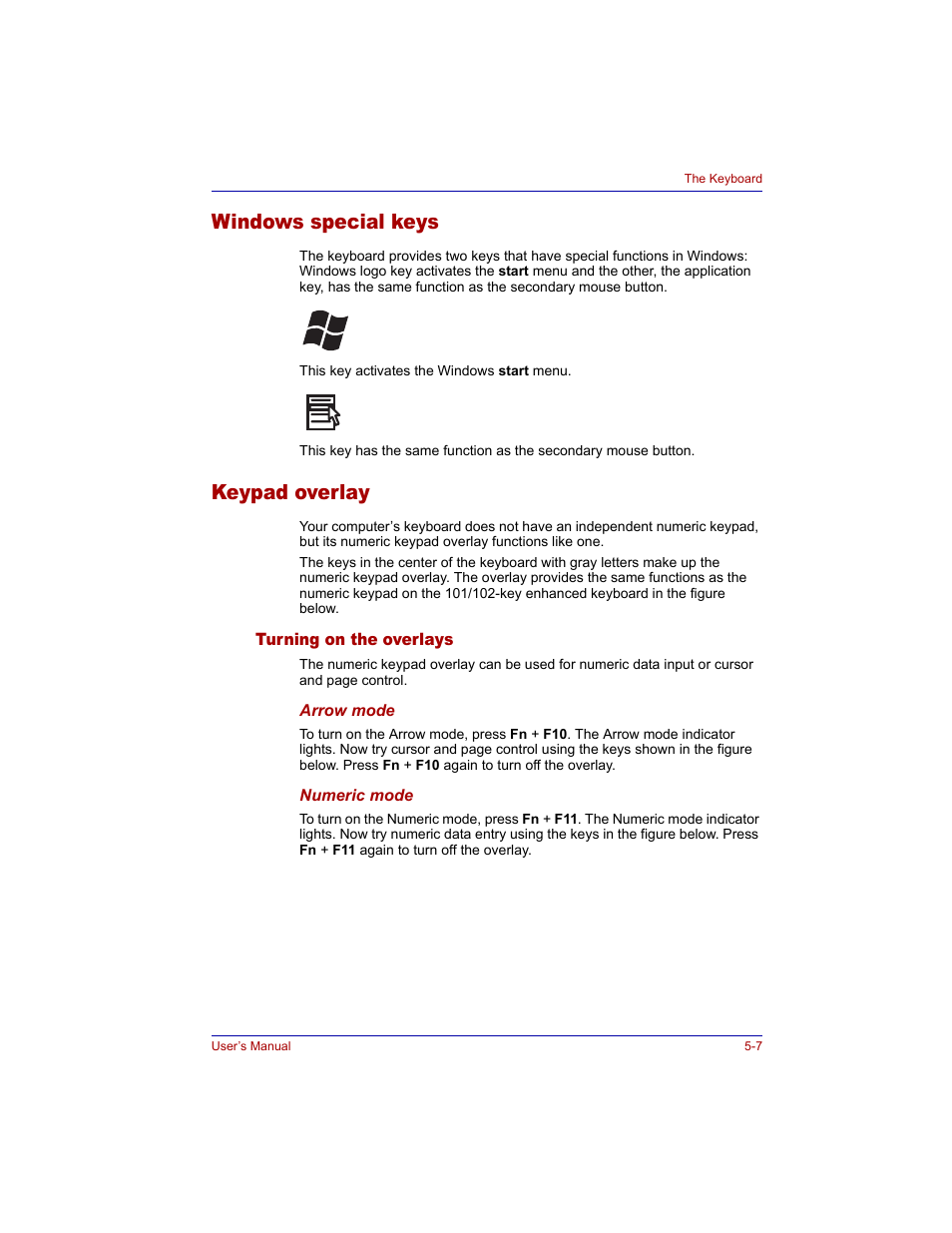 Windows special keys, Keypad overlay, Turning on the overlays | Windows special keys -7 keypad overlay -7, Turning on the overlays -7, Keypad, Overlay | Toshiba Tecra M3 User Manual | Page 111 / 236