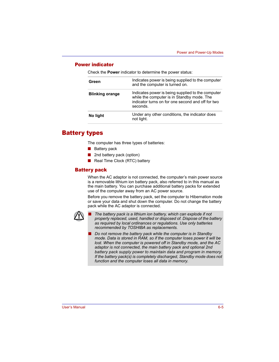 Power indicator, Battery types, Battery pack | Power indicator -5, Battery types -5, Battery pack -5 | Toshiba Tecra M3 User Manual | Page 119 / 236