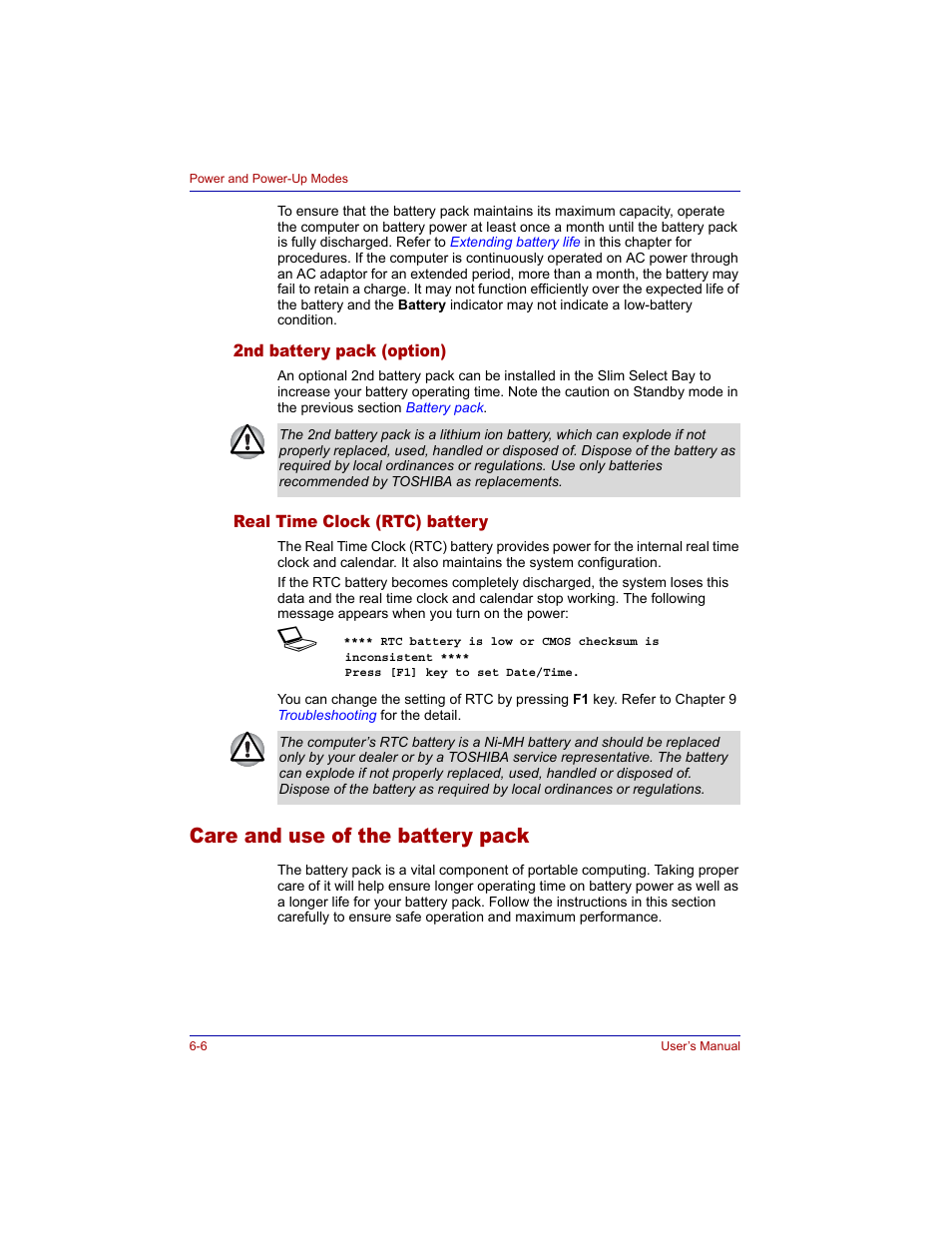 2nd battery pack (option), Real time clock (rtc) battery, Care and use of the battery pack | Care and use of the battery pack -6 | Toshiba Tecra M3 User Manual | Page 120 / 236