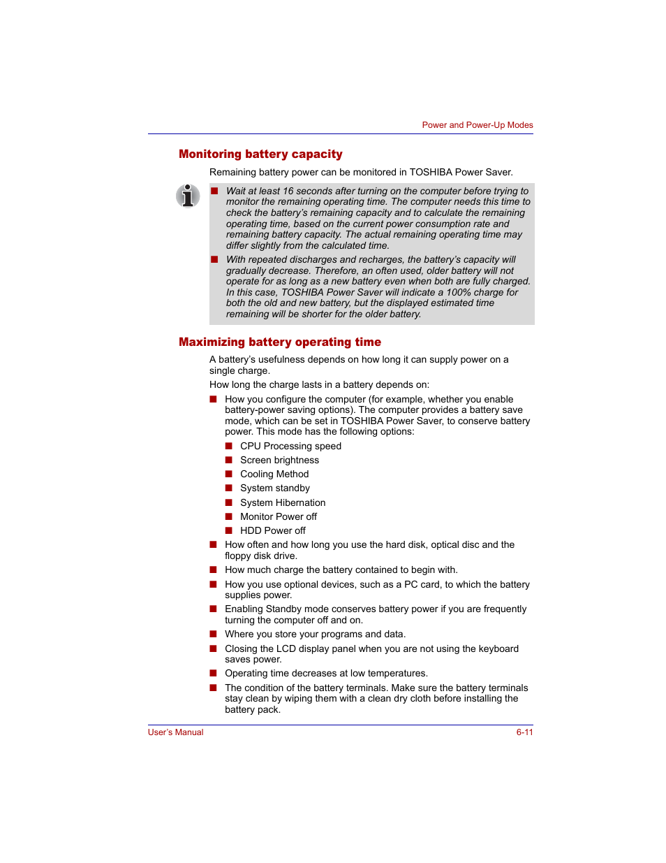 Monitoring battery capacity, Maximizing battery operating time | Toshiba Tecra M3 User Manual | Page 125 / 236