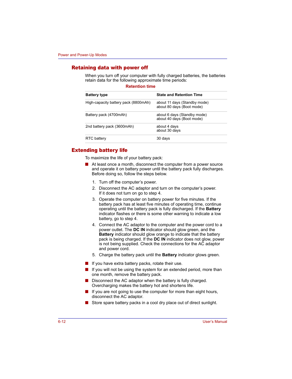 Retaining data with power off, Extending battery life, R to | Toshiba Tecra M3 User Manual | Page 126 / 236