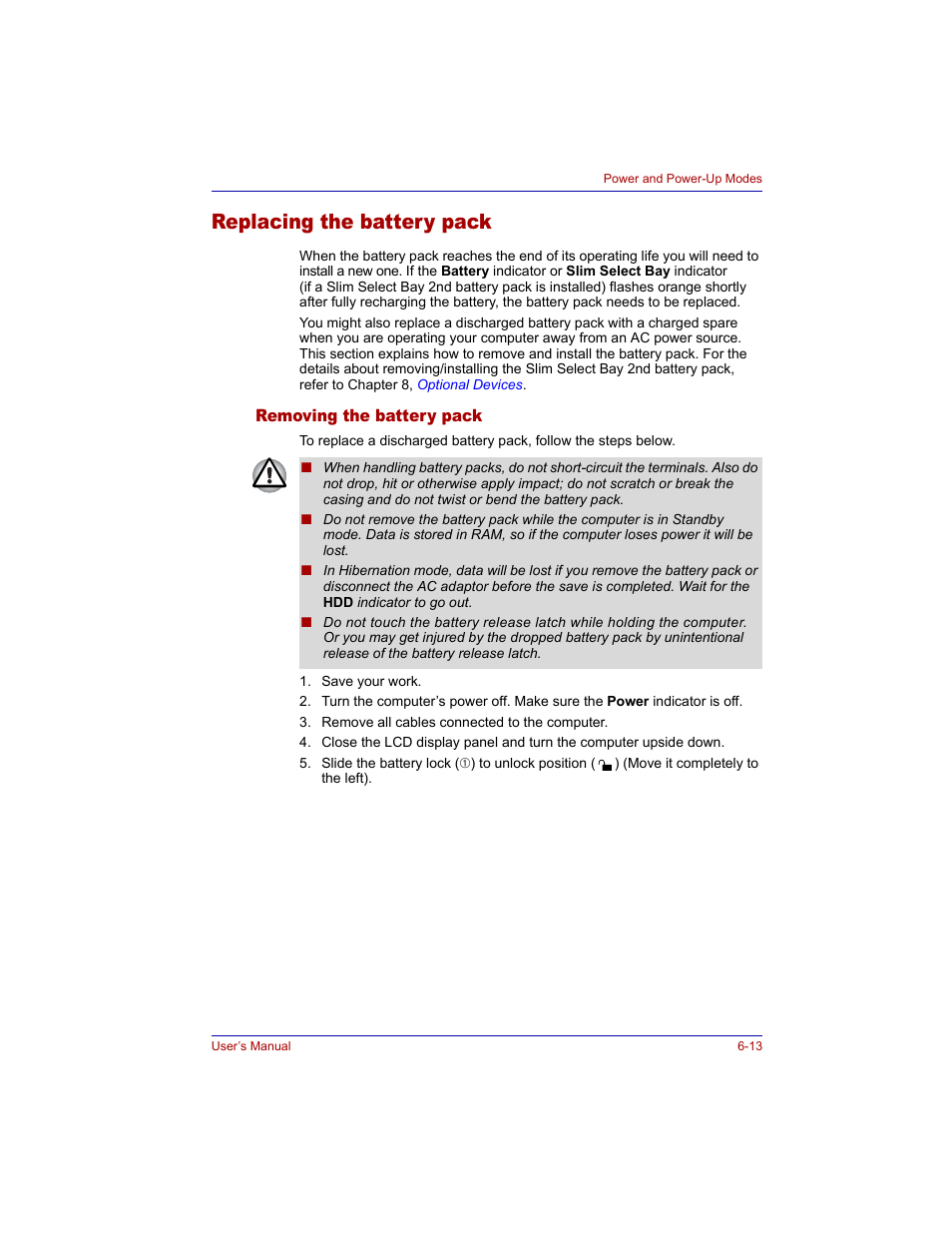 Replacing the battery pack, Removing the battery pack, Replacing the battery pack -13 | Removing the battery pack -13 | Toshiba Tecra M3 User Manual | Page 127 / 236