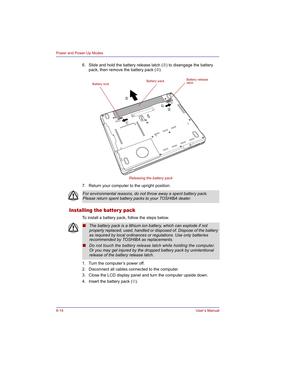 Installing the battery pack, Installing the battery pack -14 | Toshiba Tecra M3 User Manual | Page 128 / 236