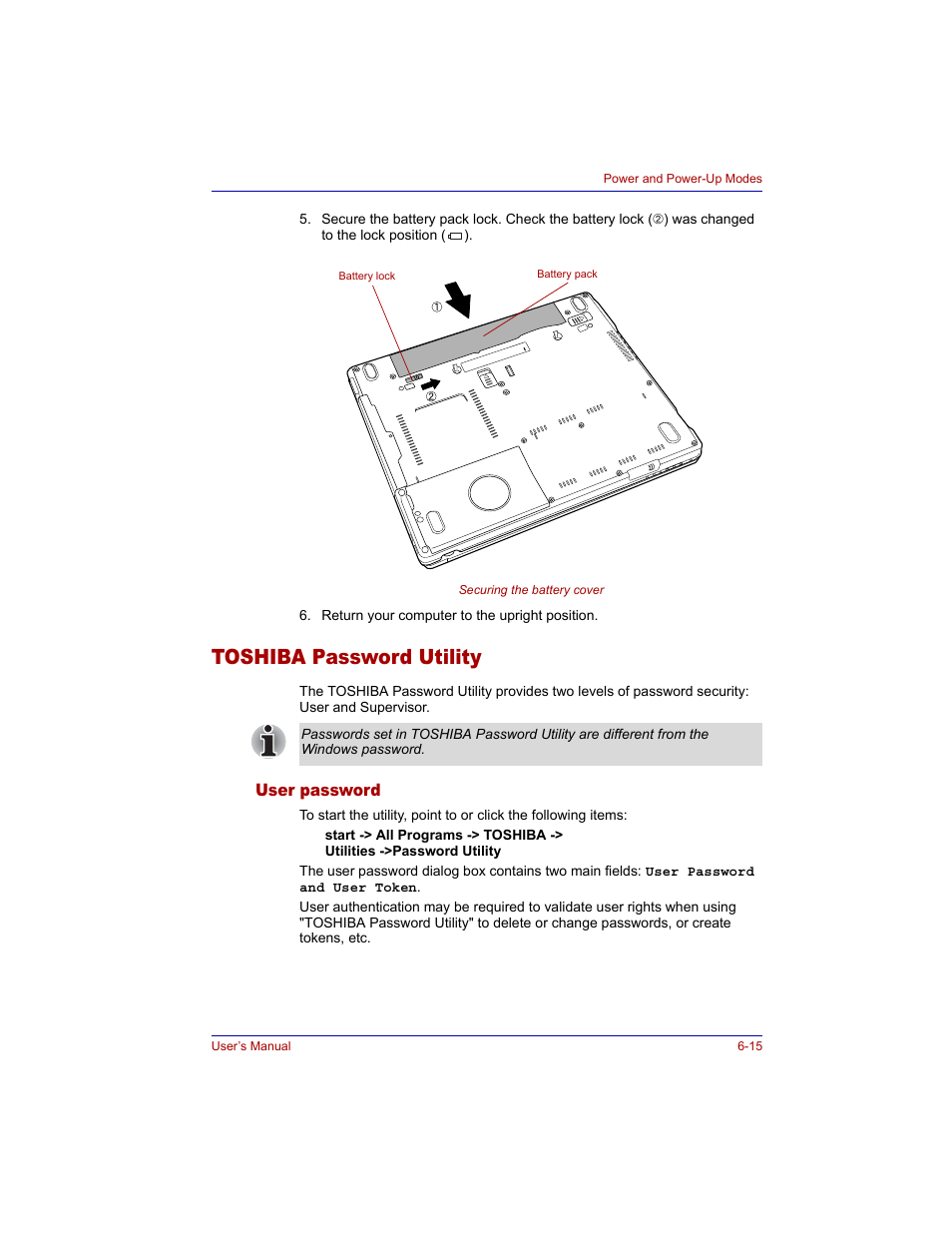 Toshiba password utility, User password, Toshiba password utility -15 | User password -15 | Toshiba Tecra M3 User Manual | Page 129 / 236