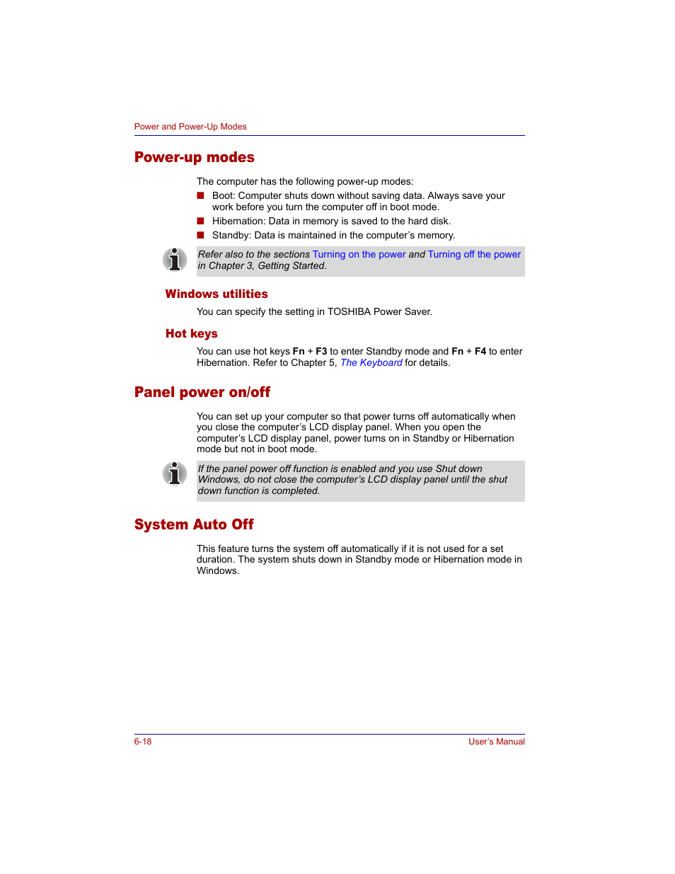 Power-up modes, Windows utilities, Hot keys | Panel power on/off, System auto off, Power-up modes -18, Windows utilities -18 hot keys -18, Panel power on/off -18 system auto off -18 | Toshiba Tecra M3 User Manual | Page 132 / 236