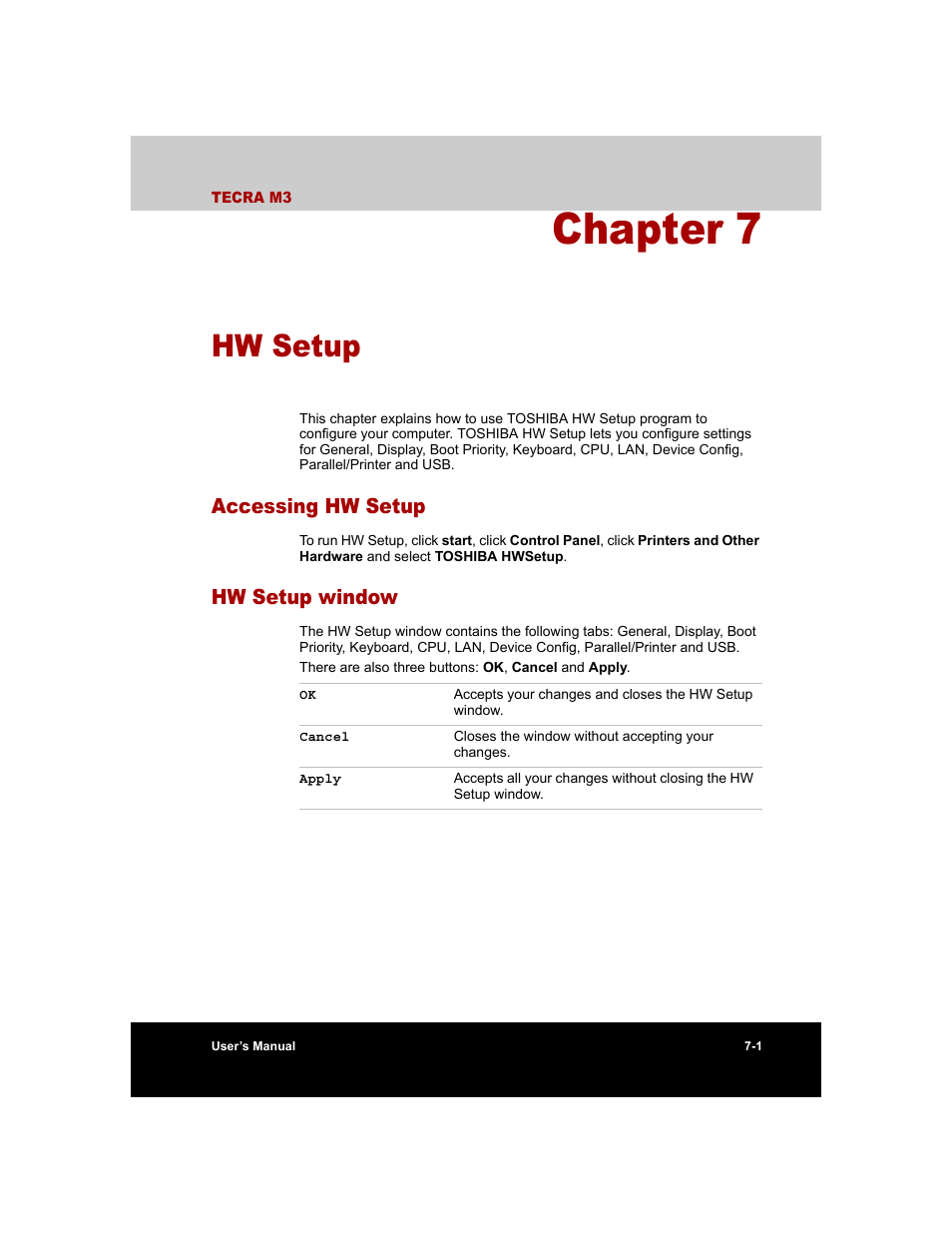 Chapter 7 - hw setup, Accessing hw setup, Hw setup window | Chapter 7, Hw setup, Accessing hw setup -1 hw setup window -1 | Toshiba Tecra M3 User Manual | Page 133 / 236