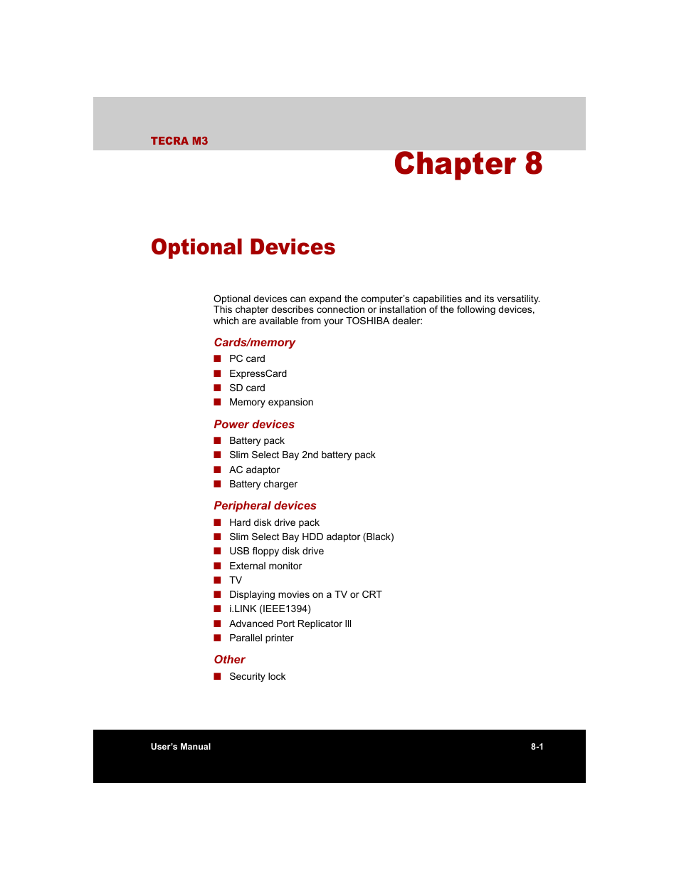 Chapter 8 - optional devices, Chapter 8, Optional devices | Apter 8, Ter 8 | Toshiba Tecra M3 User Manual | Page 141 / 236