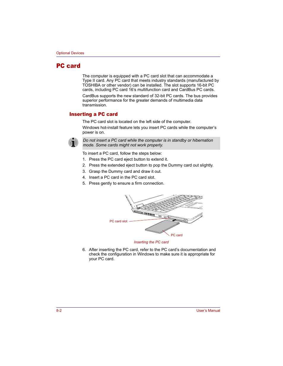 Pc card, Inserting a pc card, Pc card -2 | Inserting a pc card -2 | Toshiba Tecra M3 User Manual | Page 142 / 236