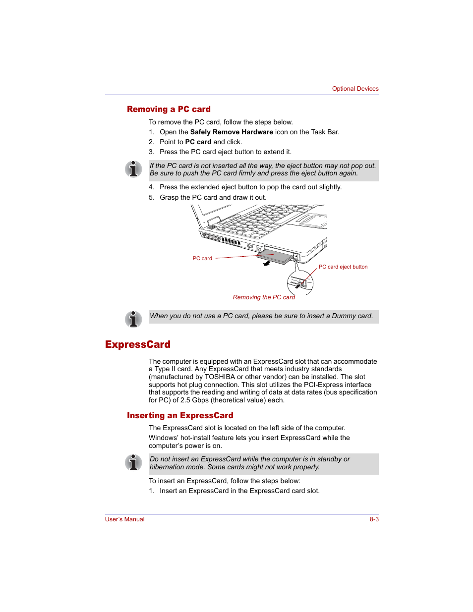 Removing a pc card, Expresscard, Inserting an expresscard | Removing a pc card -3, Expresscard -3, Inserting an expresscard -3 | Toshiba Tecra M3 User Manual | Page 143 / 236