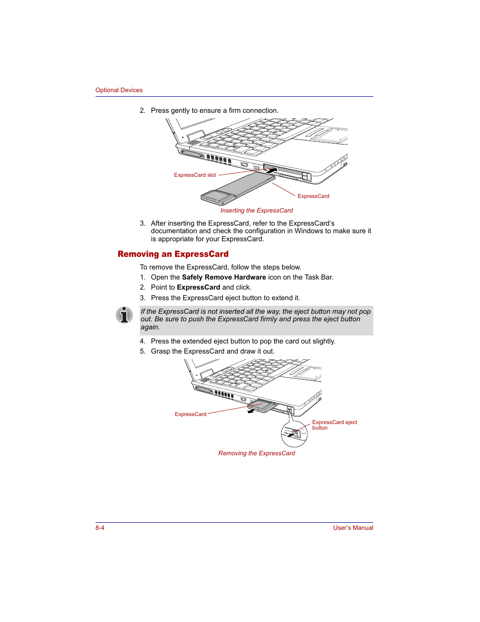 Removing an expresscard, Removing an expresscard -4 | Toshiba Tecra M3 User Manual | Page 144 / 236