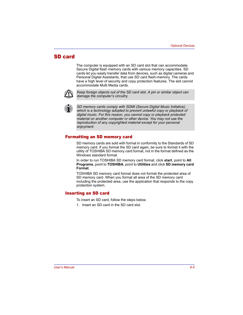 Sd card, Formatting an sd memory card, Inserting an sd card | Sd card -5 | Toshiba Tecra M3 User Manual | Page 145 / 236