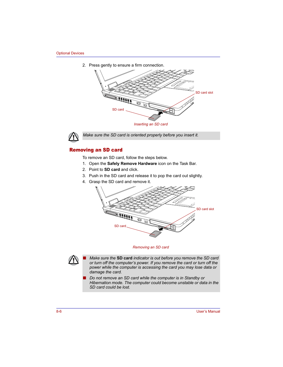 Removing an sd card, Removing an sd card -6 | Toshiba Tecra M3 User Manual | Page 146 / 236