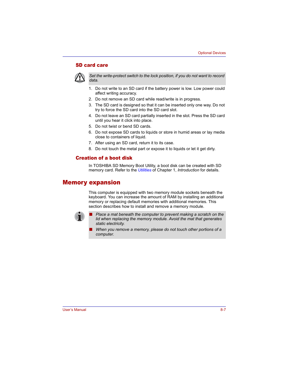 Sd card care, Creation of a boot disk, Memory expansion | Sd card care -7 creation of a boot disk -7, Memory expansion -7 | Toshiba Tecra M3 User Manual | Page 147 / 236