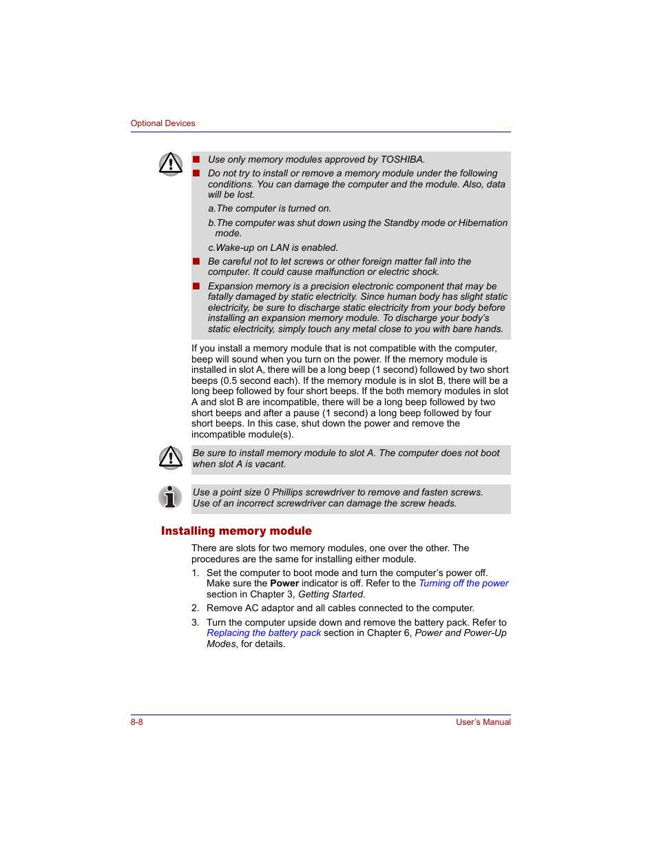 Installing memory module, Installing memory module -8 | Toshiba Tecra M3 User Manual | Page 148 / 236