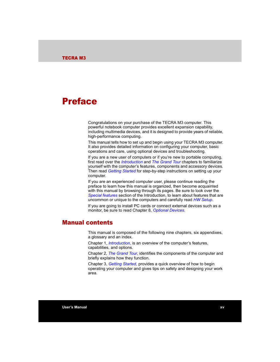 Preface, Manual contents | Toshiba Tecra M3 User Manual | Page 15 / 236